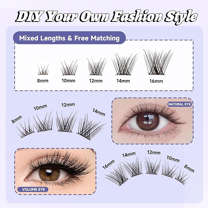 Lash Clusters Pre Glued Individual Eyelashes Cateyes Self Adhesive False Lashes No Glue Needed 8-14mm Professional Volume Extension Kit with Tweezers