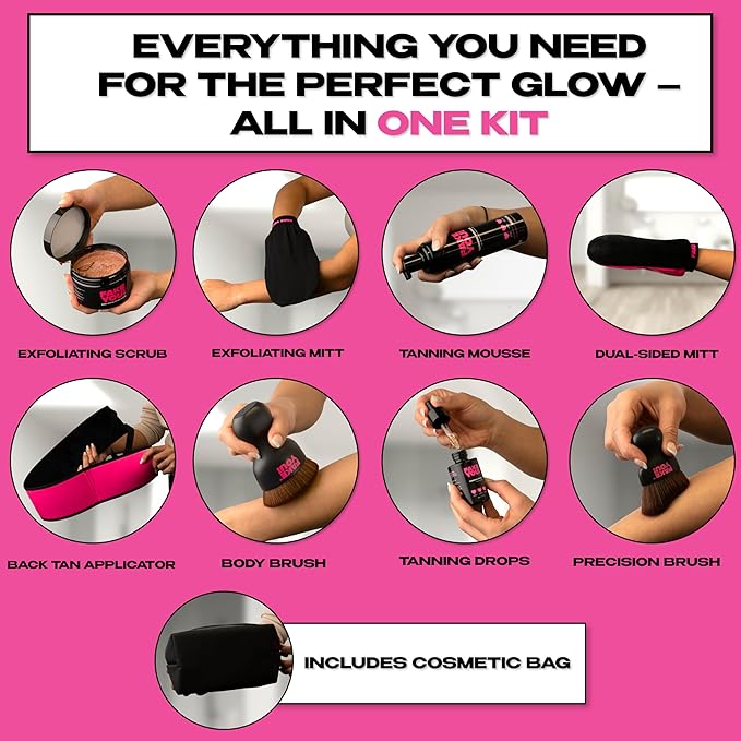 Fake You! All-in-One Ultimate Tanning Kit Bundle – Includes Tanning Mousse, Tanning Drops, Back Applicator, Exfoliating Mitt, and Fake Tan Gloves – Perfect for Seamless Self-Tanning