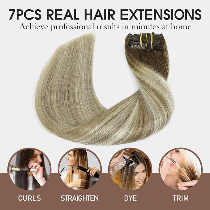 VINBAO Hair Extensions Clip in Human Hair, 14 Inch 140g 7pcs Ombre Walnut Brown to Ash Brown and Golden Blonde Balayage Clip in Hair Extensions Human Hair (#HC3822,14'')