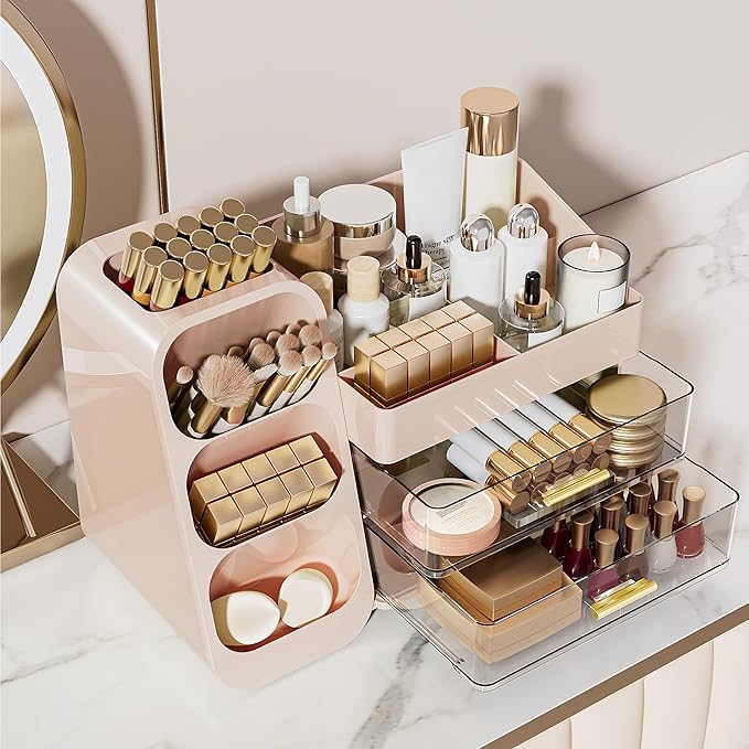 Delamu Large Makeup Organizer with Drawers, Spacious Cosmetic Display Caddy with Makeup Brush Holder, Bathroom Countertop Organizer for Vanity, Dorm, Desk, Pink