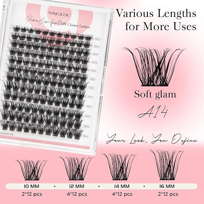 Natural Lash Clusters Fluffy Eye Lash Clusters, 144pcs D Curled Wispy Volume Lash Extensions, DIY Individual Lashes Clusters with Soft Ultra-thin Band, 10-16mm (A14)
