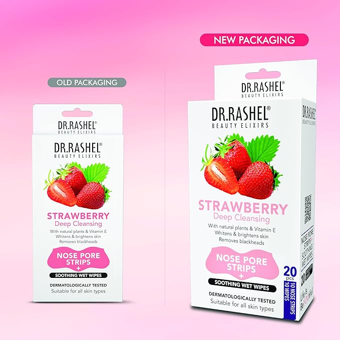 DR.RASHEL Strawberry Nose Pore Strips For Pore Cleansing, Instant And Painless Blackheads Removal | Deep Purifying Blackhead Remover Strips for Nose | 20 PCS (10 Strips & 10 Wipes)