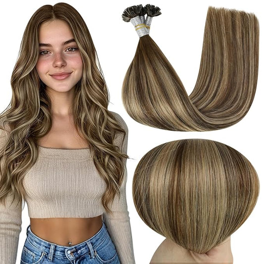 Full Shine U Tip Hair Extensions Human Hair Medium Brown Ombre to Brown and Honey Blonde 14 Inch Remy Hair Prebonded Fusion Extensions 40 Grams Ktip Human Hair Extensions