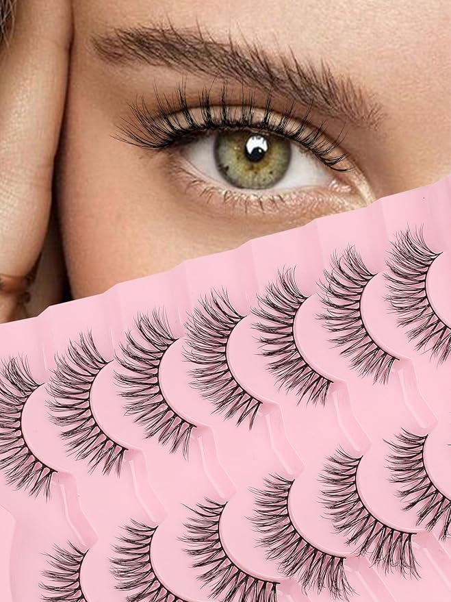 Eyelashes Natural 16mm Cat Eye Lashes Wispy C Curl Strip Lashes False Eyelashes Fluffy Eye Lash 3D Volume Wispy Eyelash Siligli Lash Pack 7 Pair