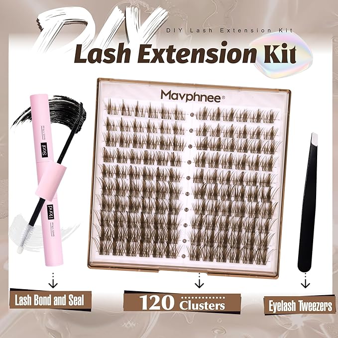 Brown Lash Clusters Kit Dark Brown Eyelash Clusters 120 Pcs Natural Lash Extension Kit 10-16MM CC-Curly Individual Lashes Kit with Lash Bond and Seal Lash Glue and Tweezers by Mavphnee