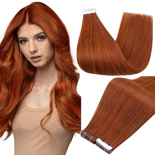Full Shine Tape in Extensions Color 550 Red Orange Double Sided Tape in Hair Extensions Human Hair 12Inch Short Straight Extension 30Gram 20Pcs Remy Seamless Skin Weft Long Lasting Natural