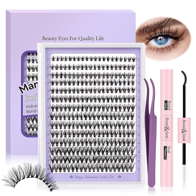B&Qaugen Lash Extension Kit for Beginners Eyelash Extension Kit Manga Lash Clusters Set 280 PCS Individual Eyelashes Set Volume 30D Soft D Curl Eye Extension Eyelashes(Manga-30D-D-9-16MIX)