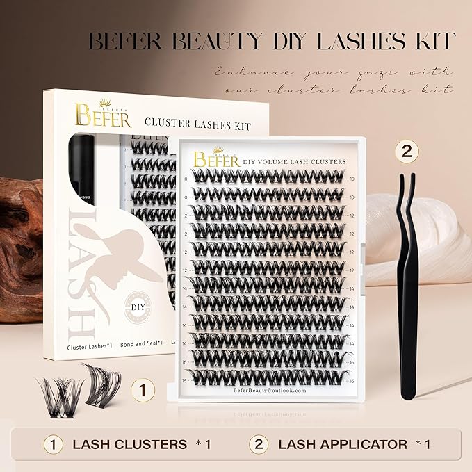BEFER Lash Clusters, 120 Pcs D Curl Eyelash Clusters Volume Individual Lashes Extensions 10-16MM Wispy Eyelash with Tweezers DIY At Home(FD43,Seraphic)