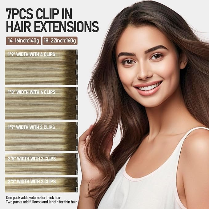 VINBAO Clip in Hair Extensions Real Human Hair Balayage Ombre Brown to Blonde Clip in Hair Extensions Real Human Hair 16 inch 140g 7pcs Double Weft (#HC3822,16'')