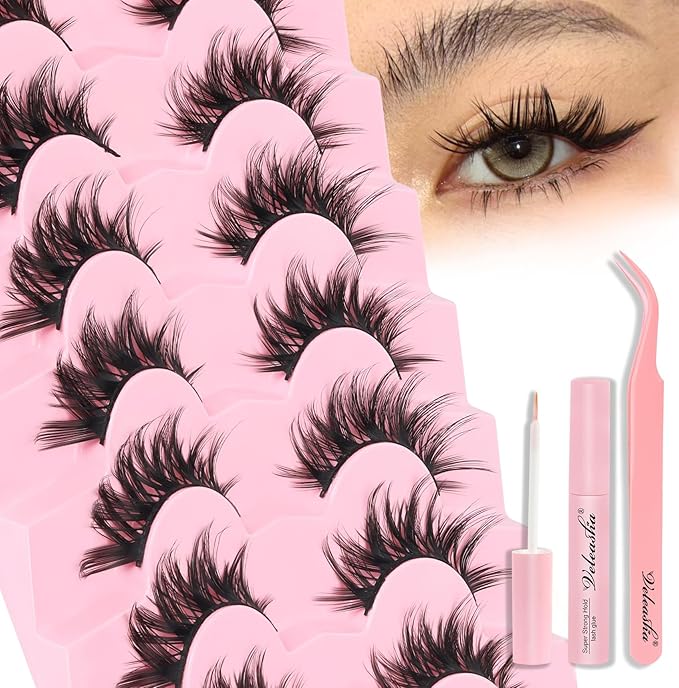 Veleasha Lashes Kit Manga Lashes Soft Eyelashes Wispy Eye Lash DIY Lash Crisscross with Eyelash Glue & Tweezers Multiple Wear Ways Soft Cotton Band 100% Handmade 7 Pairs Pack (Mermaid Kit)