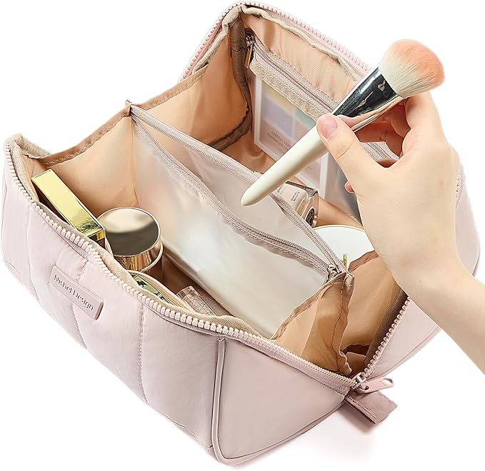 NISHEL Travel Makeup Bag for Women, Fluffy & Lightweight Open Flat Cosmetic Organizer with Multiple Functional Divider for Brush Independent Storage, Handle for Easy Portability, Pink