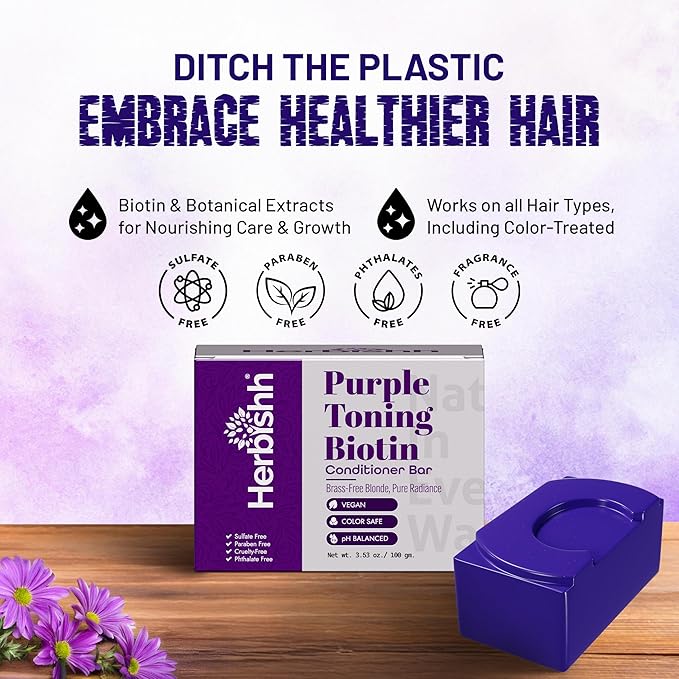 Herbishh Purple Toning Conditioner Bar for Blonde, Silver & Gray Hair, Neutralizes Brassiness, Adds Shine & Moisture, Biotin Conditioner Bar, Sulfate-Free, Eco-Friendly, Travel-Ready, 3.53 oz