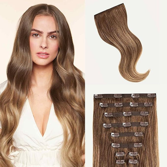 Luxy Hair 24" Chestnut Brown Balayage Classic Clip-In Hair Extensions (240 grams) 100% Remy Human Hair, Natural,Volume, 10-Piece Set, Blends Easily