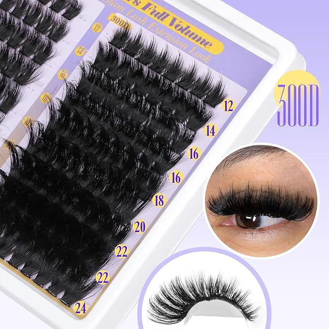 Fluffy Lash Clusters 150D+200D+300D Thick Volume Cluster Eyelash Extensions 12-25mm Dramatic Long Eyelash Clusters Wispy Individual Lashes D Curl Cluster Lashes DIY Glam Lash Extension by Yawamica