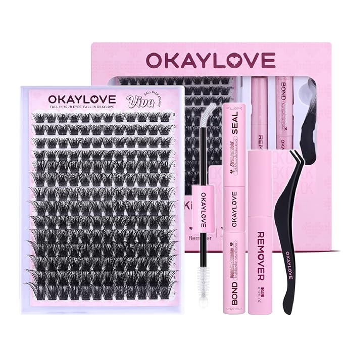 OKAYLOVE Fluffy Lash Clusters, VIVA 8-18mm DIY Volume Cluster Eyelash Extensions Kit, 168pcs CC Curl Black Cotton Band Individual Lashes with Lash Bond and Seal, Remover, Lash Tweezers
