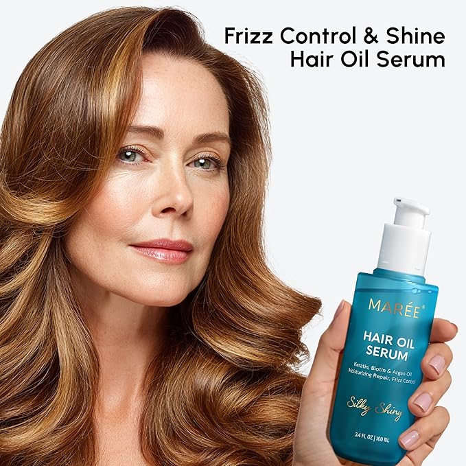 MAREE Hair Oil for Frizzy Hair with Argan Oil, Keratin & Biotin – Hair Serum for Dry and Curly Hair Gloss – Frizz Control Hair Care Products for Women – Aceite Para el Cabello – Keratin Hair Treatment
