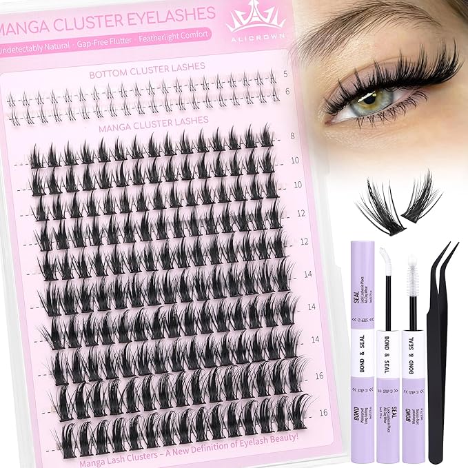 Manga Lash Clusters Kit Spiky Eyelash Clusters Kit with Bottom Cluster Eyelash Extensions Wispy Individual Lashes Kit with Lash Bond and Seal 8mm-16mm Doll Lash Extensions Kit