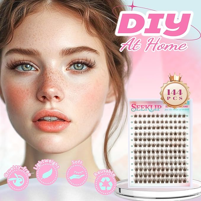 Lash Clusters Spiky Brown Manga Lash Clusters Looks Like Eyelash Extensions 144Pcs 8-16MM C Curl Doll Anime Cluser Lashes Thin Band Soft Doe Eyed Individual Lashes (Lavender-Brown)