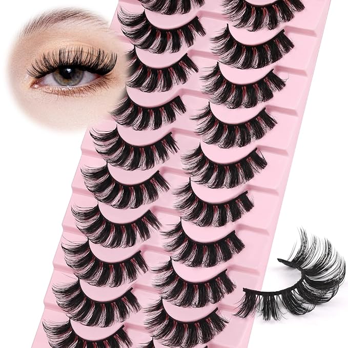 Ahrikiss Lashes Russian Strip Lashes That Look Like Extensions D Curl Fluffy False Eyelashes 10 Pairs 3D Volume Fake Lashes Wispy Faux Mink Lashes Natural Look (D19)