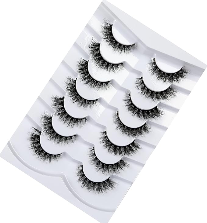 Pooplunch False Eyelashes Cat Eye Look Wispy Lashes Short Natural Crossed Extension Volume Fake Eyelashes 8D Faux Mink Strip Lashes 7 Pairs Pack