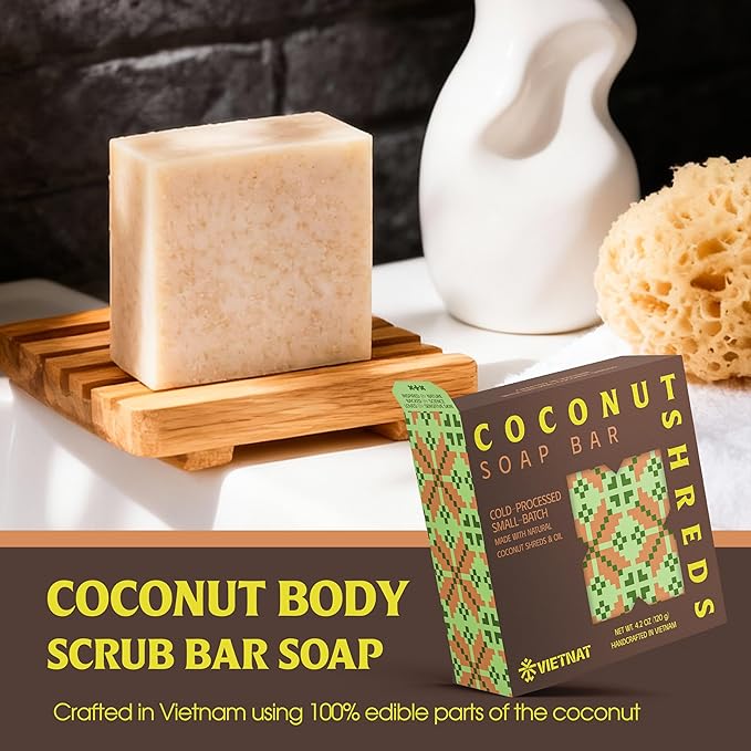 Coconut Shreds Soap Bar (Pack of 5) – Exfoliating & Moisturizing 2-in-1 Body Soap, Cold Process Handmade Bar with Coconut Milk & Oil, Gentle Daily Cleanser
