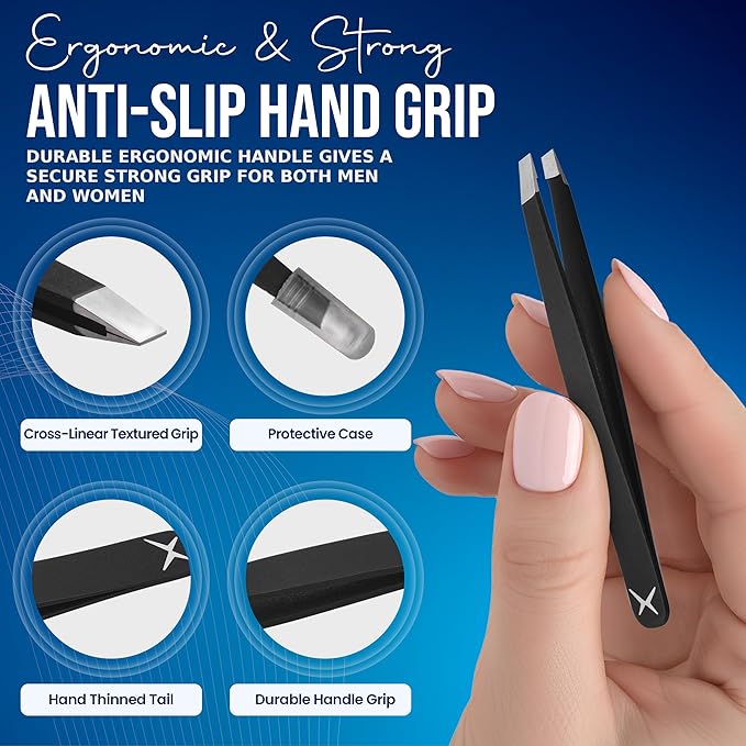 Slanted Stainless Steel Tweezers for Men & Women - Precision Eyebrow Tweezers for Facial Hairs, Strong Grip, Fine Tip, Professional Tweezer for Plucking & Grooming (Matt Black)
