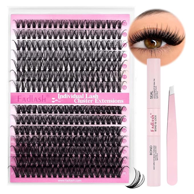 FADLASH DIY Lash Extension Kit Individual Lashes Cluster D Curl Eyelash Extension Kit with Lash Bond and Seal and Lash Applicator Tool for Self Application at Home (40D+50D-0.07D-12-18MIX KIT)