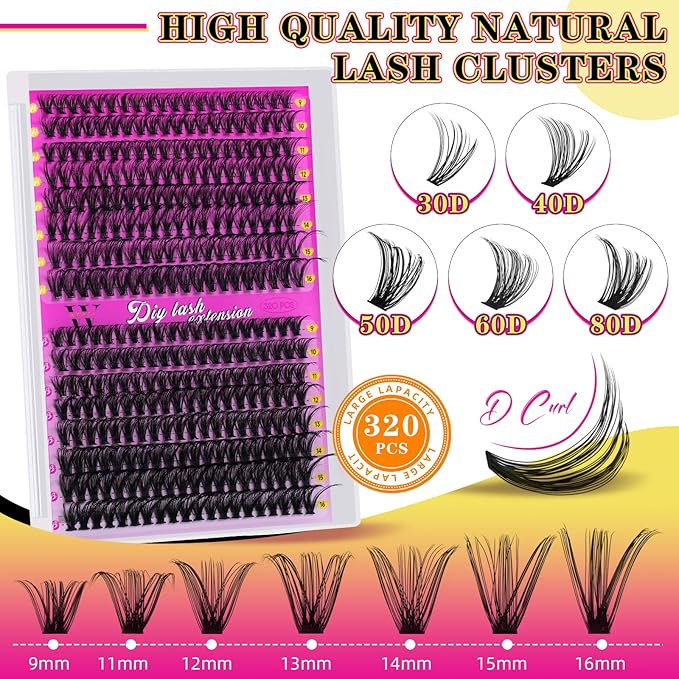 Lash Clusters 320PCS Individual Lashes D Curl Eyelash Clusters Mixed Length Cluster Eyelash Extensions Clusters Lashes with Thin Band Soft False Eyelashes DIY at Home(30D+40D,D-Mix9-16mm)