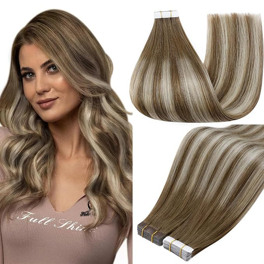 Full Shine Blonde Tape in Hair Extensions 18Inch Real Hair Extensions Human Hair Double Sided Tape in Extensions 20 Pcs 6 Chestnut Brown Ombre to 60 Platinum Blonde Highlighted 6 Adhesive Tapes 50Gram
