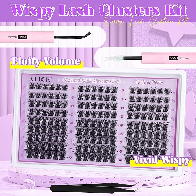 ALICE Wispy Lash Clusters Kit Natural Fluffy Lash Extension Kit Cluster Eyelash Extension Kit 162pcs C Curl 10-18mm Eyelash Clusters with Lash Glue Bond and Seal Lash Tweezers