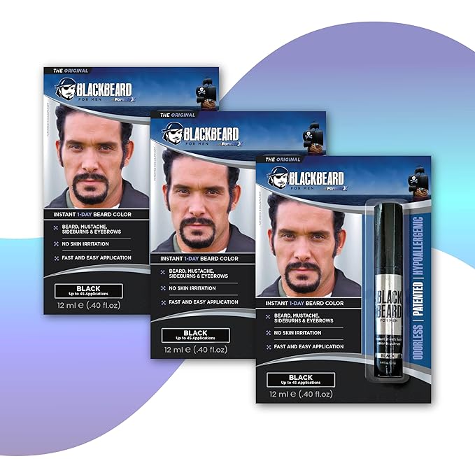 Blackbeard for Men Instant Beard Color – All Day Beard, Mustache, Eyebrow, and Sideburns Color – Temporary, Hypoallergenic Beard Dye Alternative – Up to 45 applications – Black, 3 Pack