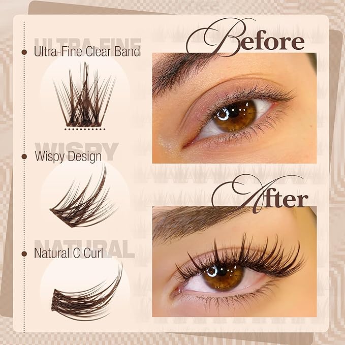Brown Lash Clusters Kit Wispy Eyelash Extensions Kit Fairy Dark Brown Individual Lashes with Lash Bond and Seal 8-16MM C-Curly Clean Girl Beauty Natural Cluster Lashes (144Pcs, Brown Lash Glue)