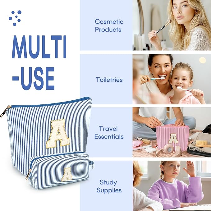2 PCS Initial Makeup Bags for Women: Cosmetic Bag for Travel Toiletry - Birthday Gifts for 11 12 13 14 15 16 17 18 Years Old Girl Graduation Teacher Gift- Teen Girl Gifts Trendy Stuff - Blue P