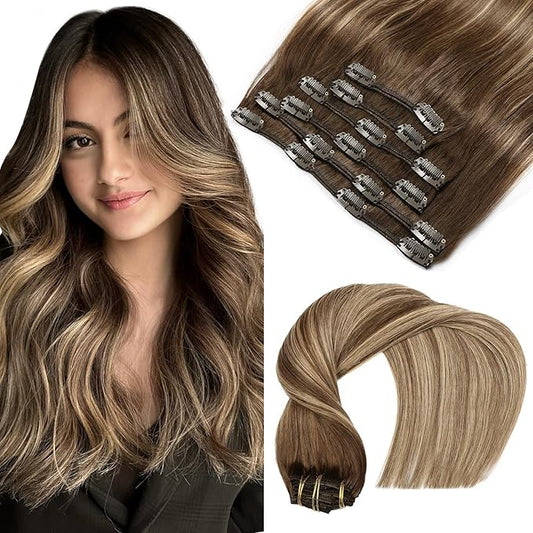 VINBAO Human Hair Extensions Clip in Balayage Chocolate Brown to Caramel Blonde 14 Inch 100g 6pcs Remy Clip in Hair Extensions Real Human Hair Straight Thick (#4/27/4, 14'')