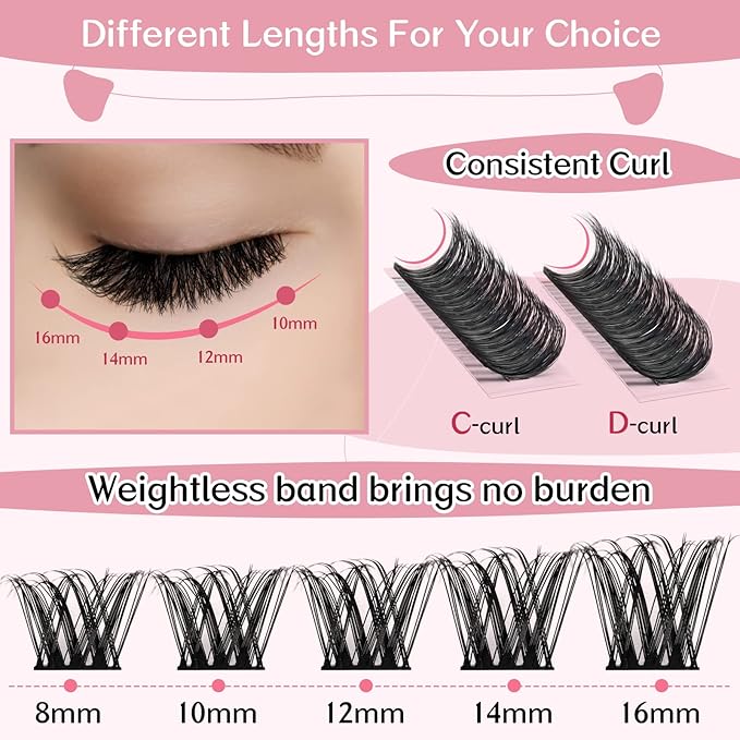 Cluster Lashes 72 Pcs Lash Clusters DIY Eyelash Extension Individual Cluster Eyelashes Tender Style Self-Application Fluffy Super Thin Band Reusable Soft & Comfortable(Tender-D-8-16mix)
