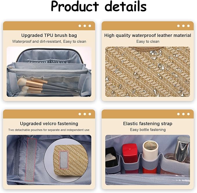 BOYATU Travel Makeup Bag Cosmetic Bags for Women: Large Capacity 3 Pcs Set Make up Bag with Compartments - Waterproof Vegan Leather Toiletry Organizer Bags with Handle (Z-Brown)