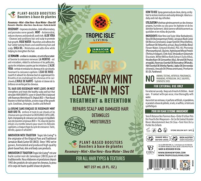 Tropic Isle Living Rosemary Mint Leave-In Conditioner 8oz/ 237ml - Detangles, Moisturizes, Repairs Scalp and Damaged Hair with Natural Formula, Suitable for All Hair Types, Cruelty-Free