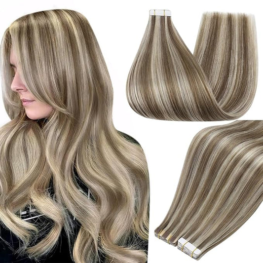 Full Shine Tape in Hair Extensions Human Hair Glue in Hair Extensions Color 8 Ash Brown Highlighted 60 Platinum Blonde Straight Hair 14 Inch Skin Weft Tape in Extensions 20 Pcs 50g