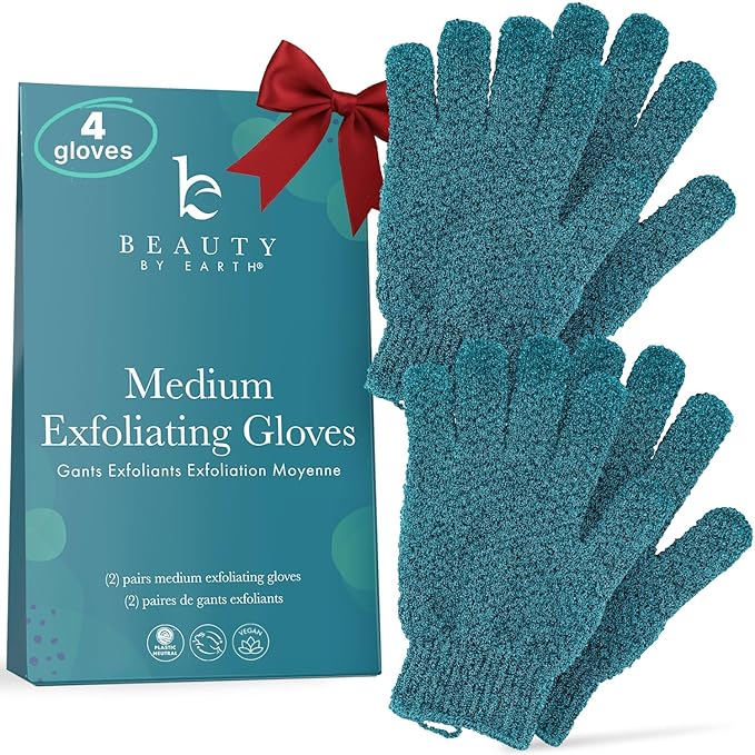 Exfoliating Glove (4 pcs, 2 Pairs) - Medium Shower Gloves for Body Scrub, Exfoliates & Removes Dead Skin, Stocking Stuffers for Women and Men
