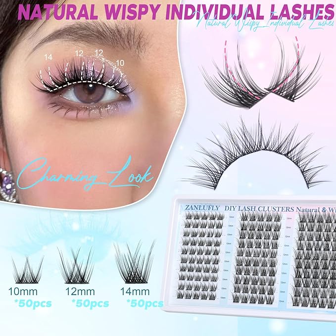 Lash Clusters Wispy Eyelash Clusters Natural C-Curly Cluster Lashes zanlufly Wispy Individual Lashes 150Pcs Eyelash Extension 10 12 14MM DIY Lash Extensional Lash Clusters
