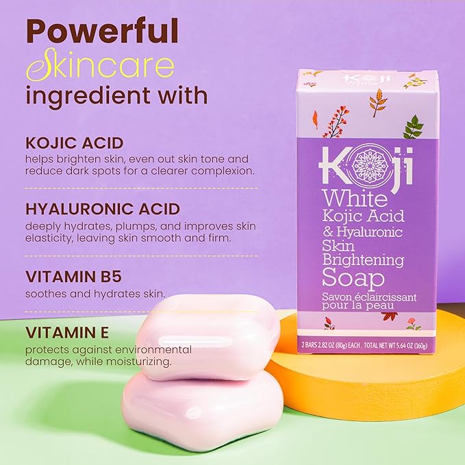 Koji White Kojic Acid & Hyaluronic Acid Skin Brightening Soap for Hydrating, Face Moisturizer, Skin Radiant, Cleansing Bar, Reduces the Appearance of Wrinkles with Vitamin E, Vegan, 2.82 Oz (2 Bars)