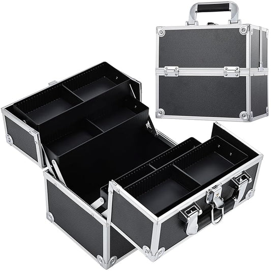 Frenessa Makeup Train Case Cosmetic Organizer Case Professional Makeup Storage Box 4 Trays with Divider Lockable Travel Case Portable Travel Makeup Box for Makeup Artist, Carfter, Cosmetics Black