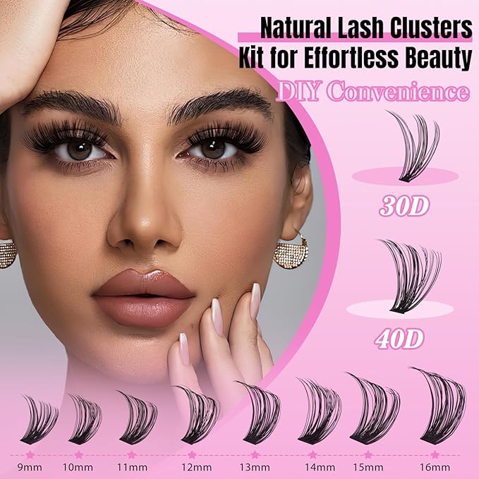 Lash Clusters Kit 320 Pcs D Curl DIY Natural Wispy Lashes Eyelashes Clusters Eyelash Extension Kit with Eyelash Bond and Seal, Remover & Tweezers (30D+40D, Mix9-16mm Kit)