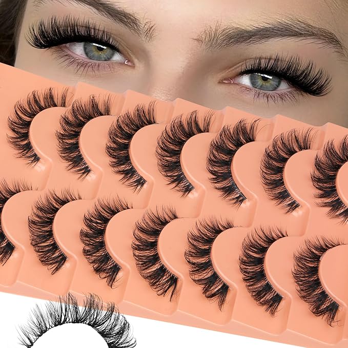JIMIRE Cat Eye False Eyelashes Volume Mink Lashes Fluffy D Curl Russian Strip Lashes Natural Look 15MM Soft Cat Eye Fake Lashes with Clear Band Lash Extensions 7 Pairs Pack