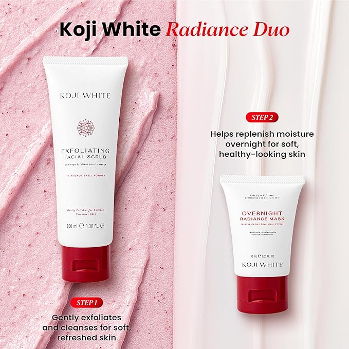 Koji White Exfoliating Facial Scrub, Gentle Face Wash with 1% Walnut Shell Powder, AHA, Kojic Acid Dipalmitate & Hyaluronic Acid | Hydrating, Unscented, Vegan, 100ml (3.38 Fl Oz)