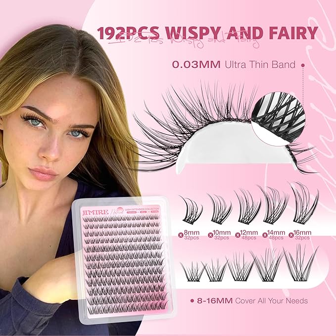 JIMIRE Natural Lash Clusters Wispy Eyelash Clusters 192Pcs C-Curly Cluster Eyelash Extensions 8-16MM Pestañas Postizas Naturales Lash Extensions Easy to Apply DIY at Home by Self