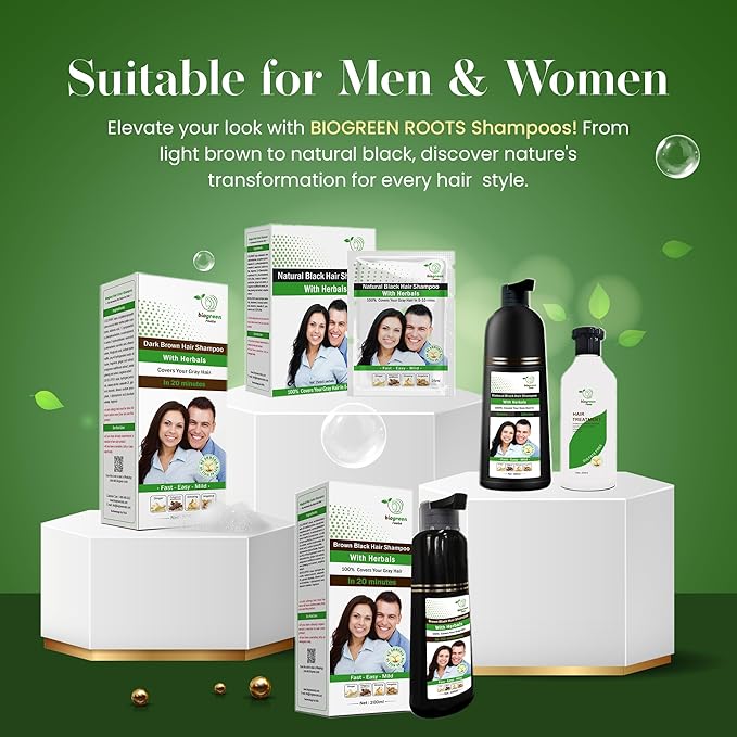Ammonia-Free Herbal Hair Shampoo - Covers Gray Hair for Men & Women - Natural Color & Nourishment - No Skin Stains - Dark Brown (20 sachets x 25 ml)