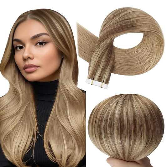 Full Shine Remy Tape in Human Hair Extensions 18Inch Double Sided Tape in Extensions Color 10/16/16 Balayage Seamless Skin Weft Long Hair 50Gram 20Pcs for Wedding Add Length Straight