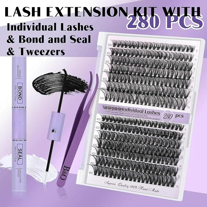 B&Qaugen DIY Lash Extension Kit 280pcs Individual Lashes Cluster 30+40D C Curl Eyelash Extension Kit with Bond and Seal and Applicator Tool for Self Application (Set,30D+40D-C-9-16MIX)