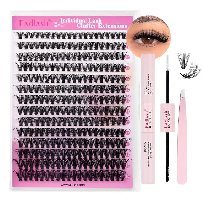 FADLASH Lash Clusters Kit Individual Eyelash Clusters D Curl 40D 8-16mm Eyelash Extension Kit 280Pcs Lash Extensions with Lash Bond and Seal Lash Tweezer for Self Application (40D-0.07D-8-16mm KIT)
